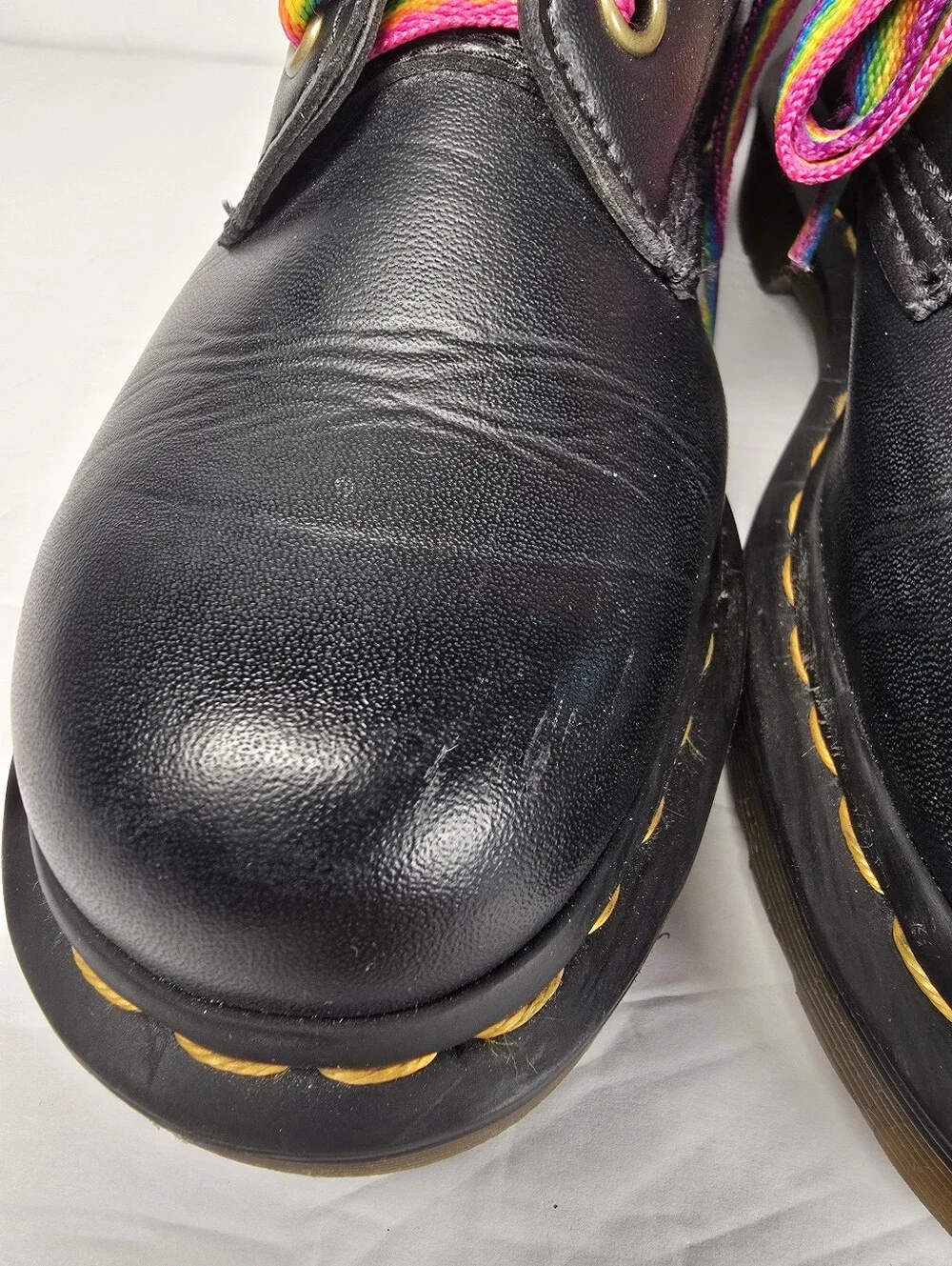 Dr. Martens 1460 Girls Black Lace Up Boots Featuring Rainbow Flat Laces Size 4
